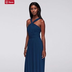 David’s Bridal Y-Neck Mesh Dress in Marine